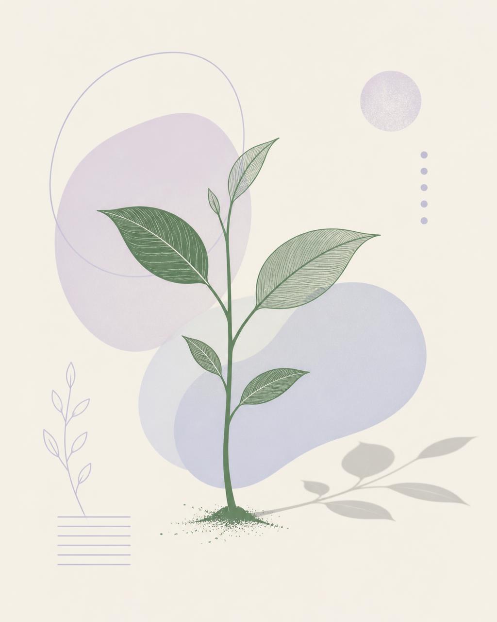 Illustration botanique minimaliste d'une jeune pousse projetant une ombre douce